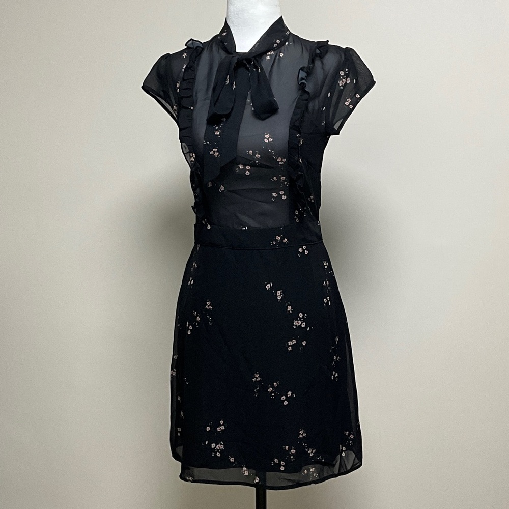 Sheer Cap-sleeve Black Floral Dress